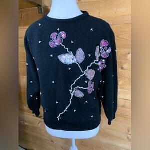Vintage Sweater Lambs Wool Angira Pearls Sequins Floral Black 3/4 Sleeves‎ Small